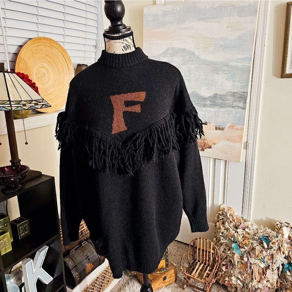 Vintage Ferretti Studio Stylish Fringe Detail Long Sleeve Sweater